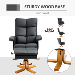 Faux Leather Swivel Recliner Chair HOMCOM Armchair with Footstool, Wooden Base and Storage for Living Room, Black - Aosom UK - thumbnail 7