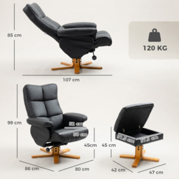 Faux Leather Swivel Recliner Chair HOMCOM Armchair with Footstool, Wooden Base and Storage for Living Room, Black - Aosom UK - thumbnail 3