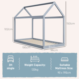 HOMCOM Single Bed Base with House Scandinavian Style, Wooden Bed Frame for 90W x 190Dcm Mattress, Grey - Aosom UK - thumbnail 3