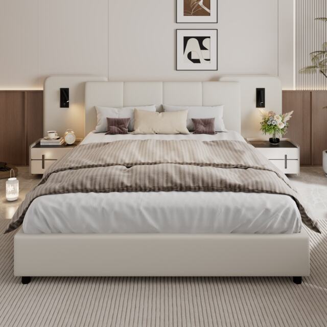 Upholstered Double Bed with Charging Port and Lighting, Headboard with Impact-Resistant Sponge Padding, 209L x 221W x 86.5H cm, Beige - Aosom UK - image 1