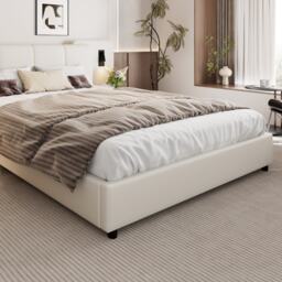 Upholstered Double Bed with Charging Port and Lighting, Headboard with Impact-Resistant Sponge Padding, 209L x 221W x 86.5H cm, Beige - Aosom UK - thumbnail 9