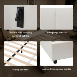 Upholstered Double Bed with Charging Port and Lighting, Headboard with Impact-Resistant Sponge Padding, 209L x 221W x 86.5H cm, Beige - Aosom UK - thumbnail 5