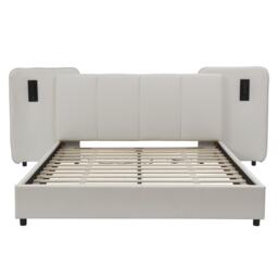 Upholstered Double Bed with Charging Port and Lighting, Headboard with Impact-Resistant Sponge Padding, 209L x 221W x 86.5H cm, Beige - Aosom UK - thumbnail 2