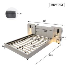 Upholstered Double Bed with Charging Port and Lighting, Headboard with Impact-Resistant Sponge Padding, 209L x 221W x 86.5H cm, Beige - Aosom UK - thumbnail 3