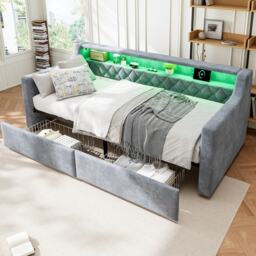 3FT Sofa Bed with 2 Drawers on Wheels, Light Strip, Charging Port, Upholstered Single Bed with Velvet Finish, 206L x 104W x 74H cm, Grey - Aosom.UK - thumbnail 7