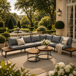 6-Piece Outdoor Sofa Set, Sectional Sofa Set with Acacia Wood Tables, Galvanised Iron Frame, 160L x 64W x 75H cm, Grey - Aosom UK - thumbnail 1