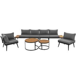 6-Piece Outdoor Sofa Set, Sectional Sofa Set with Acacia Wood Tables, Galvanised Iron Frame, 160L x 64W x 75H cm, Grey - Aosom UK - thumbnail 2