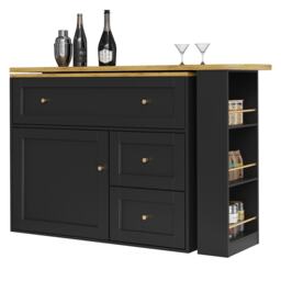 Extendable Bar Table with Storage Space, 360° Rotating Base, Snack Shelf, Bistro Table with Folding Drawers, 204L x 39W x 105H cm, Black - Aosom UK - thumbnail 2