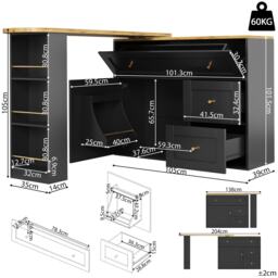 Extendable Bar Table with Storage Space, 360° Rotating Base, Snack Shelf, Bistro Table with Folding Drawers, 204L x 39W x 105H cm, Black - Aosom UK - thumbnail 3