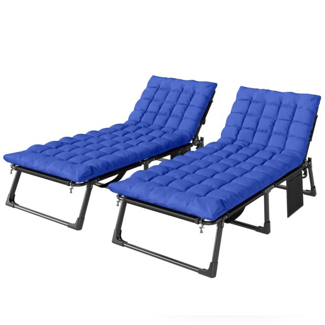 Outsunny Folding Sun Loungers for Garden Set of 2, 5-Position Oversized Camping Bed Recliner with Cushions, Blue - image 1