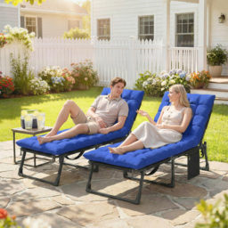 Outsunny Folding Sun Loungers for Garden Set of 2, 5-Position Oversized Camping Bed Recliner with Cushions, Blue - thumbnail 2