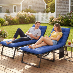 Outsunny Folding Sun Loungers for Garden Set of 2, 5-Position Oversized Camping Bed Recliner with Cushions, Blue - thumbnail 9