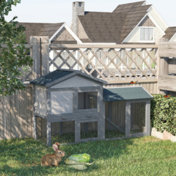 PawHut 147cm Wooden Rabbit Hutch with Water-Resistant Roof Ramp, Grey - Aosom UK - thumbnail 2