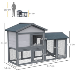 PawHut 147cm Wooden Rabbit Hutch with Water-Resistant Roof Ramp, Grey - Aosom UK - thumbnail 3