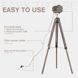 HOMCOM Vintage Tripod Floor Lamp Retro Industrial Photography Light Spotlight Antique Searchlight Wooden Base - thumbnail 7