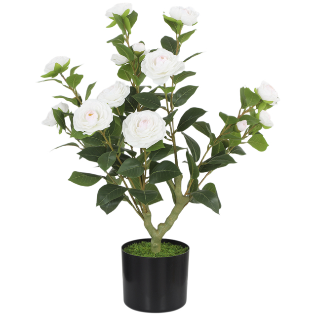 HOMCOM 65cm Artificial Camellia Flower Plant in Pot with 116 Lush Leaves & Moss Effect, White - image 1