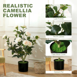 HOMCOM 65cm Artificial Camellia Flower Plant in Pot with 116 Lush Leaves & Moss Effect, White - thumbnail 4
