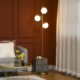 HOMCOM 3-Light Tree Floor Lamps for Living Room, Modern Standing Lamp for Bedroom w/ Globe Lampshade, Steel Base, Gold Tone - Aosom UK