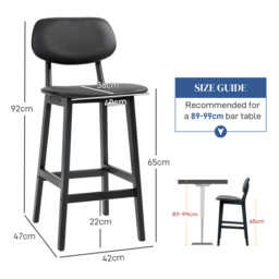 HOMCOM Bar Stools Set of 2, Modern Breakfast Bar Chairs, Faux Leather Upholstered Counter Bar Stool with Backs and Wood Legs, Black - Aosom UK - thumbnail 3