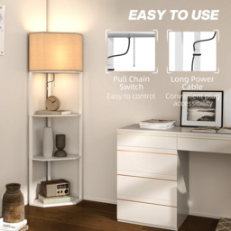 HOMCOM Corner Floor Lamp with Shelves, Tall Standing Lamps for Living Room, with Pull Chain Switch Bulb not Included, White - Aosom UK - thumbnail 6