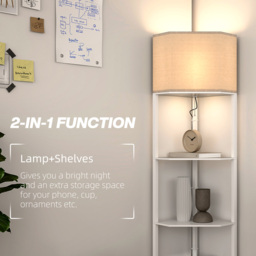 HOMCOM Corner Floor Lamp with Shelves, Tall Standing Lamps for Living Room, with Pull Chain Switch Bulb not Included, White - Aosom UK - thumbnail 4