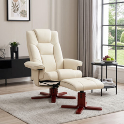 HOMCOM Faux Leather Manual Recliner and Footstool Set - Cream White - thumbnail 2