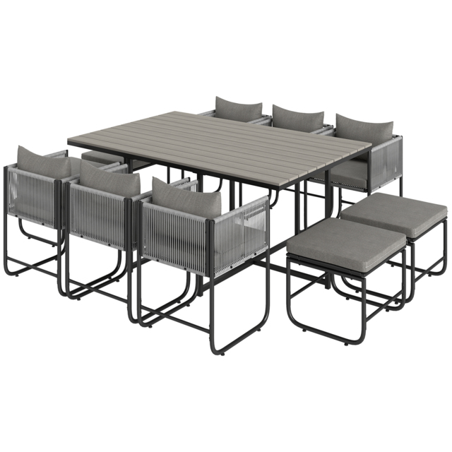 Outsunny 10 Seater Rattan Cube Garden Furniture Set, Rattan Dining Set with Cushions, Outdoor Dining Table and Chairs with 6 Armchairs, 4 Stools, Rectangular Wood Grain Plastic Top Table, Grey - image 1