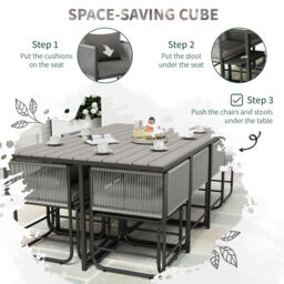 Outsunny 10 Seater Rattan Cube Garden Furniture Set, Rattan Dining Set with Cushions, Outdoor Dining Table and Chairs with 6 Armchairs, 4 Stools, Rectangular Wood Grain Plastic Top Table, Grey - thumbnail 7