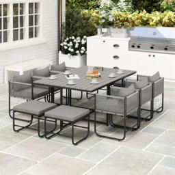 Outsunny 10 Seater Rattan Cube Garden Furniture Set, Rattan Dining Set with Cushions, Outdoor Dining Table and Chairs with 6 Armchairs, 4 Stools, Rectangular Wood Grain Plastic Top Table, Grey - thumbnail 9