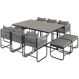 Outsunny 10 Seater Rattan Cube Garden Furniture Set, Rattan Dining Set with Cushions, Outdoor Dining Table and Chairs with 6 Armchairs, 4 Stools, Rectangular Wood Grain Plastic Top Table, Grey - thumbnail 1