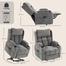 HOMCOM Power Lift Recliner Chair with Vibration Massage and Heat, Chenille Riser and Recliner Armchair for Elderly, Grey - thumbnail 3