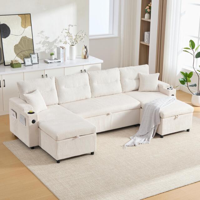Contemporary 4-Seater Sofa with 2 Chaise Longues, Ribbed Corduroy Couch with Built-In Cup Holders, 272L x 136W x 86H cm, Beige - Aosom UK - image 1