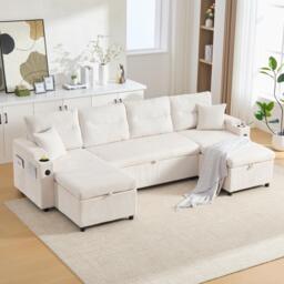 Contemporary 4-Seater Sofa with 2 Chaise Longues, Ribbed Corduroy Couch with Built-In Cup Holders, 272L x 136W x 86H cm, Beige - Aosom UK - thumbnail 1