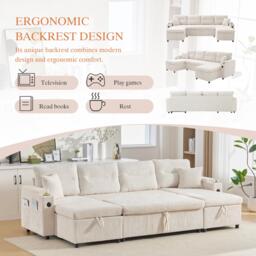 Contemporary 4-Seater Sofa with 2 Chaise Longues, Ribbed Corduroy Couch with Built-In Cup Holders, 272L x 136W x 86H cm, Beige - Aosom UK - thumbnail 9