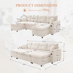 Contemporary 4-Seater Sofa with 2 Chaise Longues, Ribbed Corduroy Couch with Built-In Cup Holders, 272L x 136W x 86H cm, Beige - Aosom UK - thumbnail 3