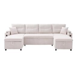 Contemporary 4-Seater Sofa with 2 Chaise Longues, Ribbed Corduroy Couch with Built-In Cup Holders, 272L x 136W x 86H cm, Beige - Aosom UK - thumbnail 2