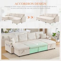 Contemporary 4-Seater Sofa with 2 Chaise Longues, Ribbed Corduroy Couch with Built-In Cup Holders, 272L x 136W x 86H cm, Beige - Aosom UK - thumbnail 5