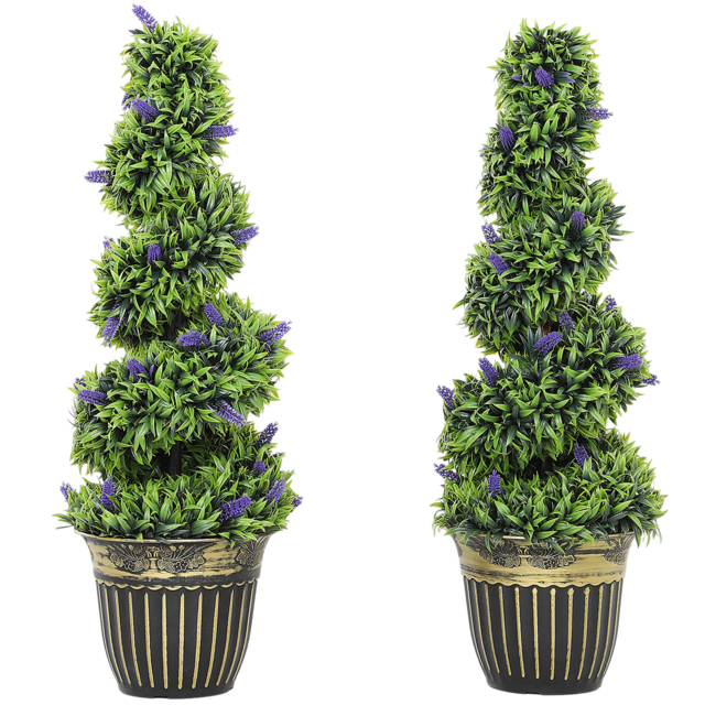 HOMCOM Set of 2 Decorative Artificial Plants, Boxwood Spiral Topiary Tree with Lavender and Pot, Fake Plants for Home Indoor Outdoor Decor, 90cm - image 1