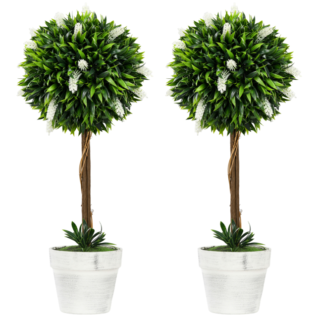 HOMCOM Set of 2 Decorative Artificial Plants Ball Trees with Flower for Home Indoor Outdoor Decor, 60cm ,White - image 1