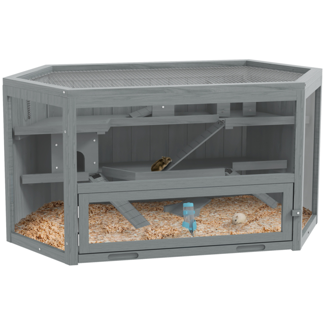 PawHut 3 Tier Wooden Large Hamster Cage with Sliding Tray, Seesaws, Water Bottle, Grey - image 1