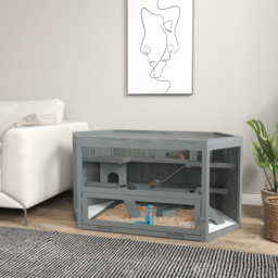 PawHut 3 Tier Wooden Large Hamster Cage with Sliding Tray, Seesaws, Water Bottle, Grey - thumbnail 2