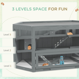 PawHut 3 Tier Wooden Large Hamster Cage with Sliding Tray, Seesaws, Water Bottle, Grey - thumbnail 5