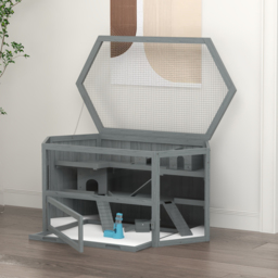 PawHut 3 Tier Wooden Large Hamster Cage with Sliding Tray, Seesaws, Water Bottle, Grey - thumbnail 9