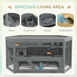 PawHut 3 Tier Wooden Large Hamster Cage with Sliding Tray, Seesaws, Water Bottle, Grey - thumbnail 6