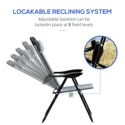 Outsunny Set of 2 Portable Folding Recliner Chair Outdoor Patio Chaise Lounge Chair with Adjustable Backrest, Grey - thumbnail 5