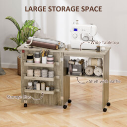 HOMCOM Folding Sewing Table, Drop Leaf Craft Table with Storage Bins, Open Shelf and Wheels, Rolling Sewing Machine for Small Space, Grey - thumbnail 5