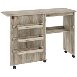HOMCOM Folding Sewing Table, Drop Leaf Craft Table with Storage Bins, Open Shelf and Wheels, Rolling Sewing Machine for Small Space, Grey - thumbnail 1