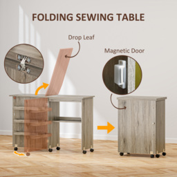 HOMCOM Folding Sewing Table, Drop Leaf Craft Table with Storage Bins, Open Shelf and Wheels, Rolling Sewing Machine for Small Space, Grey - thumbnail 4