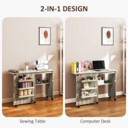 HOMCOM Folding Sewing Table, Drop Leaf Craft Table with Storage Bins, Open Shelf and Wheels, Rolling Sewing Machine for Small Space, Grey - thumbnail 6