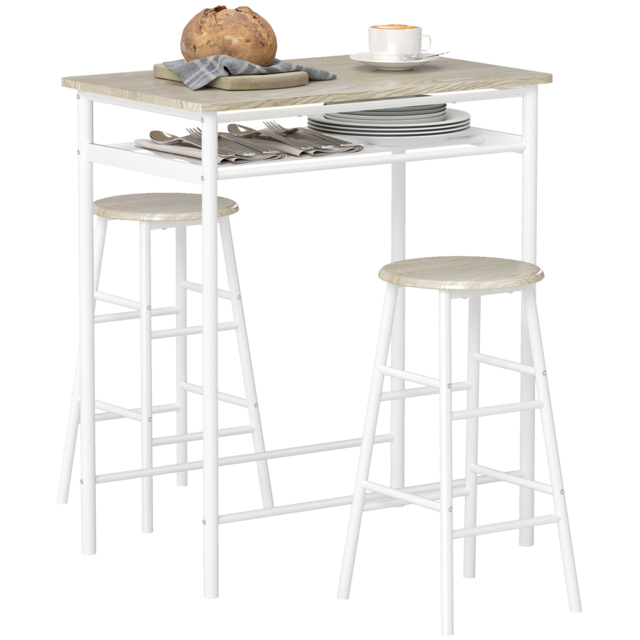 HOMCOM Bar Table and Stools w/ Metal Frame Footrest, Storage Shelf, Bar Table Set for Kitchen, Dining Room, Cafe, White & Oak - Aosom UK - image 1